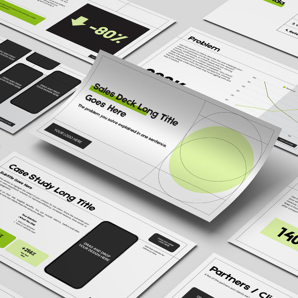 The Canva Sales Deck Template - Forma 20 Collection features minimalist, digitally rendered slides in black, white, and green accents, with charts and placeholder text—ideal for polished sales presentations and startup pitch decks.