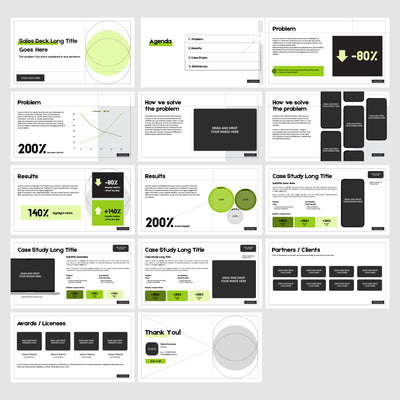 The Brand Store by More By Us offers the Canva Sales Deck Template - Forma 20 Collection, a 15-slide green, black, and white presentation for sales teams and startups with charts, text blocks, and sections like agenda, solution, case studies, and more.