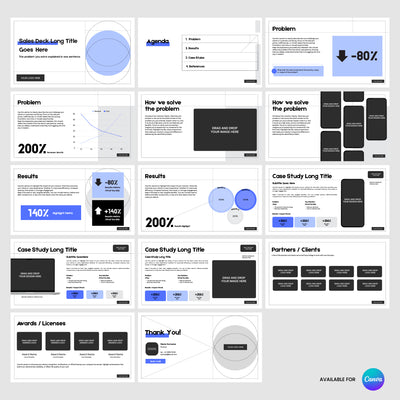 The Sales Deck Template for Canva – Forma 20 Collection by The Brand Store by More By Us features editable slides for agendas, solutions, case studies more, with text boxes, icons charts in black, white blue—perfect for product demos and B2B client pitches.