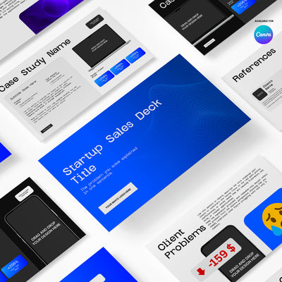 A flat lay of "Startup Sales Deck Template for Canva - Forma 30 Collection" by The Brand Store by More By Us, showing editable pitch slides for investors clients with modern graphics, sample text, and titles like Client Problems and Case Study.