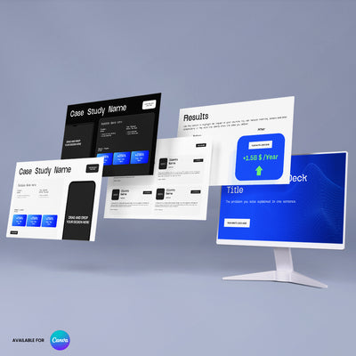 A white monitor shows a blue slide, with pitch deck and results slides beside it. The Brand Store by More By Us’ Startup Sales Deck Template for Canva - Forma 30 Collection is visible, ideal for editable investor and client presentations.