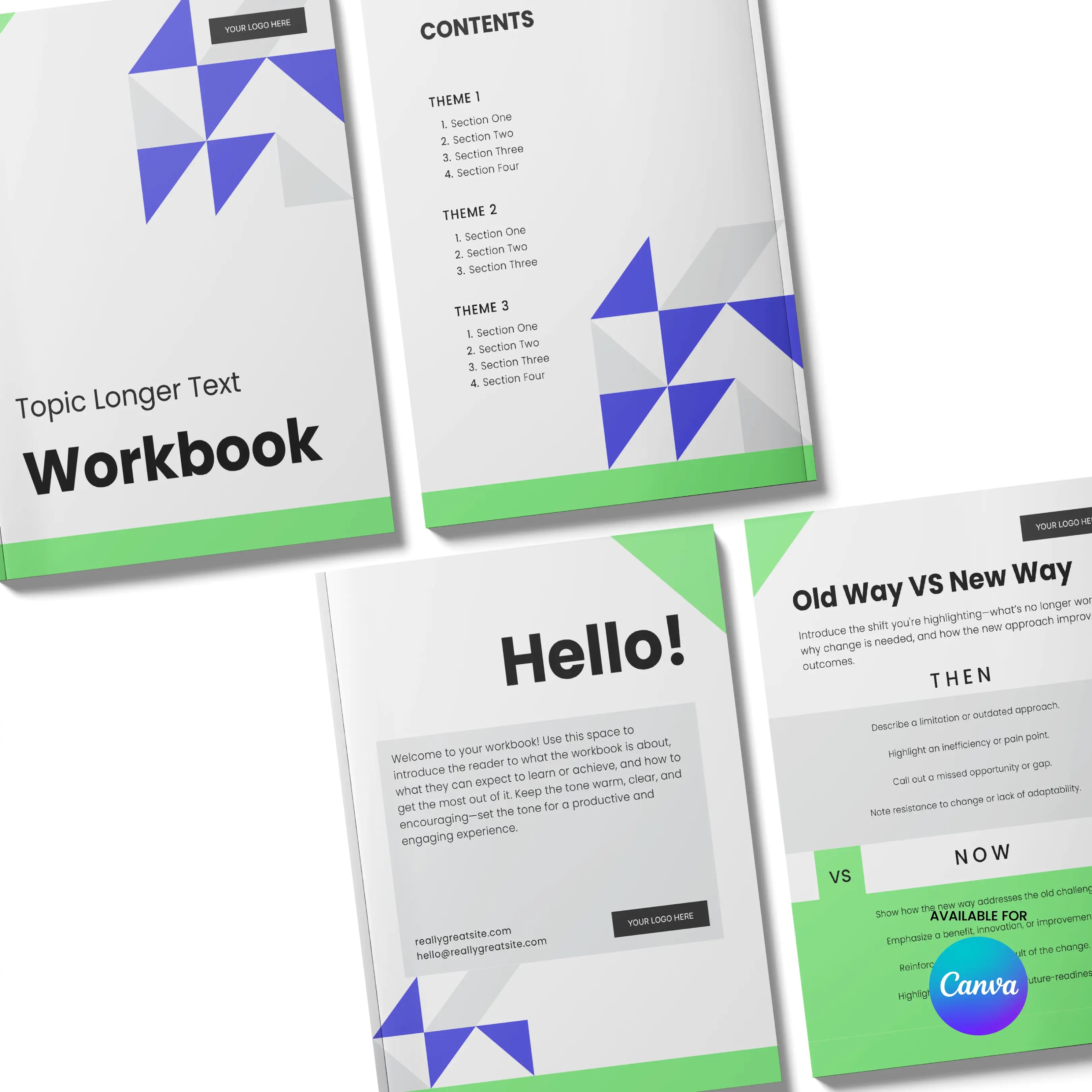 The Workbook Template for Canva - Forma 40 Edition features four editable pages with blue, green, and gray geometric designs: a “Workbook” cover, contents page, “Hello!” intro, and “Old Way VS New Way” comparison—perfect as a lead magnet to engage your audience.