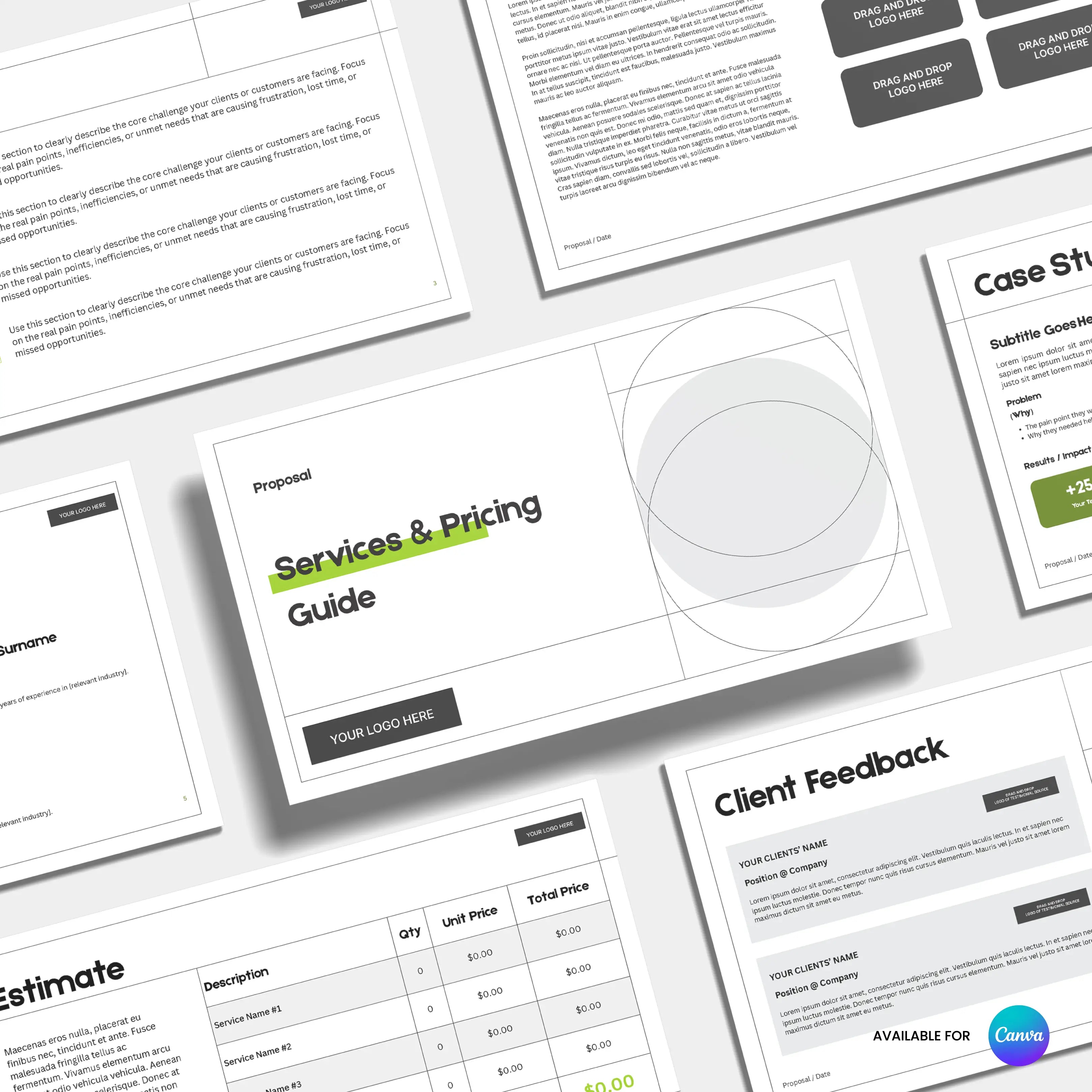 A flat lay of business documents, including the Modern Services Proposal Template | Canva Editable, Forma 20 Edition, plus a client feedback form, estimate sheet, and case study—displayed on white with sleek black and green text.