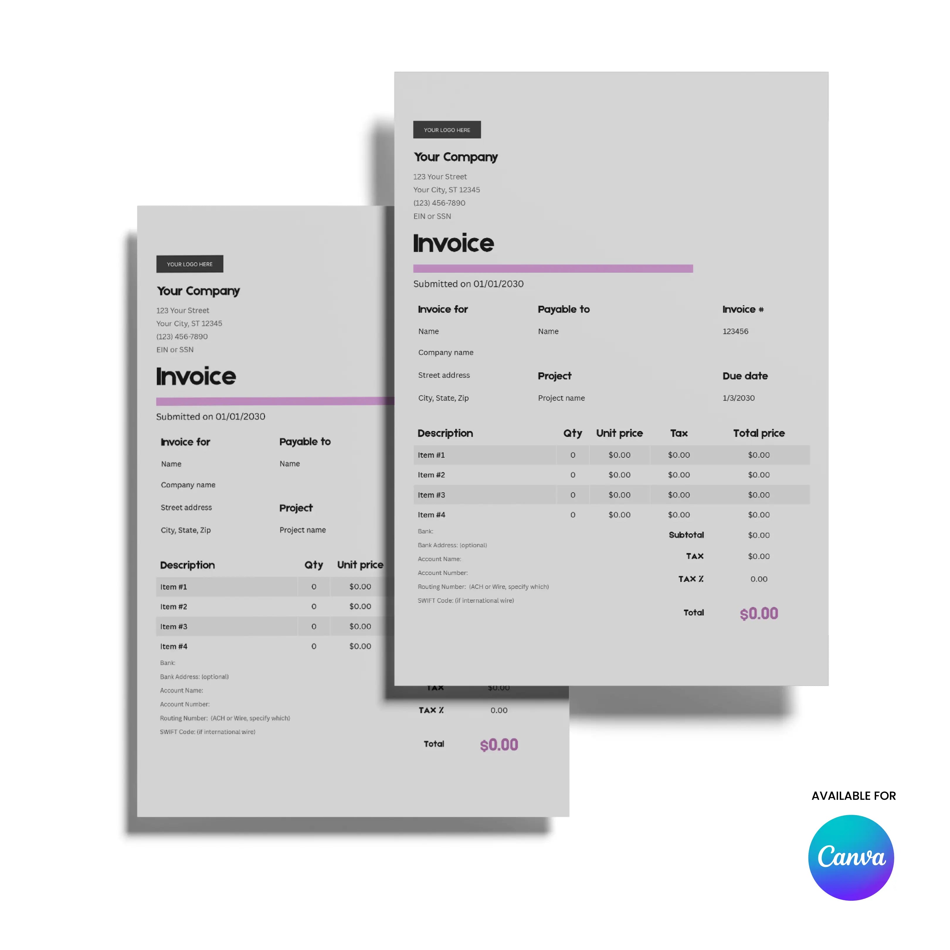Two Minimalist Invoice Templates (EU & US formats) in Forma 20 style are shown overlapping on a white background with purple accents, itemized lists, totals, and a large $0.00 at the bottom. Canva logo is visible lower right. Editable in Canva.