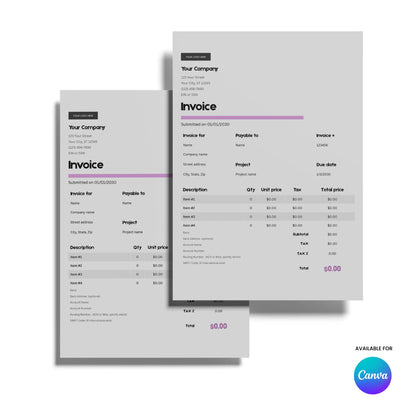 Two Minimalist Invoice Templates (EU & US formats) in Forma 20 style are shown overlapping on a white background with purple accents, itemized lists, totals, and a large $0.00 at the bottom. Canva logo is visible lower right. Editable in Canva.