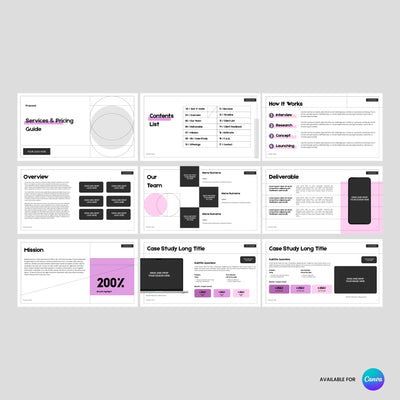 The Client Offer Deck Template by More By Us | The Brand Store Forma 20 Collection is a Canva-editable pitch deck with 9 slides—services, pricing, contents, overview, mission, team, deliverables 2 case study layouts—featuring white, black pink accents.