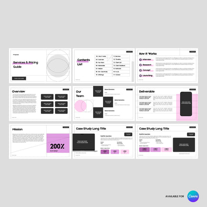 The Client Offer Deck Template from the Forma 20 Collection is a Canva-editable proposal deck with nine slides in white, black, and pastel pink accents—ideal for service proposals or agency pitches. Includes sections for services, pricing, overview, team, and more.