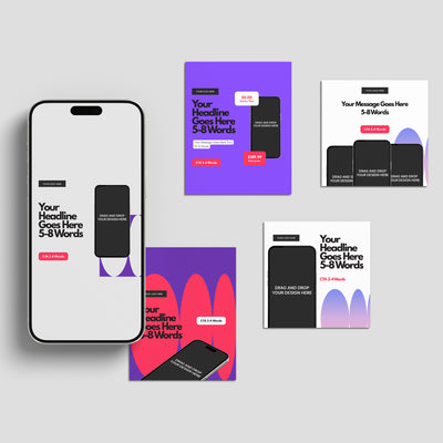 The Brand Store by More By Us presents the Forma 10 Collection: Bold Social Media Ad Templates for Canva. This mockup showcases five editable Instagram LinkedIn square posts with vibrant graphics, headlines, and drag-and-drop image spaces.