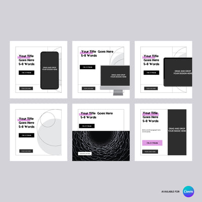 The Brand Store by More By Us offers the Forma 20 Collection: six editable square Canva ad templates with image and text placeholders, call-to-action buttons, and a modern black, white, and purple color scheme for brand consistency.