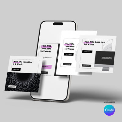 A smartphone and three digital templates display The Brand Store by More By Us’s Social Media Ad Templates for Canva—Forma 20 Collection, featuring minimalist square post layouts with abstract black-and-white designs and a Canva logo in the corner.