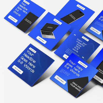 Nine blue and white Canva Social Media Ad Templates from the Forma 30 Collection by The Brand Store by More By Us are arranged diagonally. Editable for Instagram and LinkedIn, they feature headline placeholders and device images for SaaS brands.