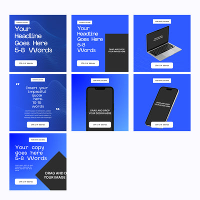 The Brand Store by More By Us presents the Forma 30 Collection: 7 blue and white Canva social media ad templates for Instagram, LinkedIn campaigns. Each editable template features headline, subheading, image/device mockup placeholders and a CTA button.
