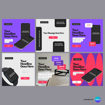 A set of six square Single Image Paid Ad Templates from The Brand Store by More By Us, for Instagram LinkedIn. Features editable Canva designs with headlines, pricing, CTAs, image slots, colorful backgrounds, and a Canva logo in the corner.