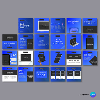 Showcase your startup with Clean Tech Social Media Templates from the Forma 30 Collection by The Brand Store by More By Us: 25 blue, black, white Canva post designs with text areas, device mockups, QA sections funding highlights. “Available for Canva” at bottom right.
