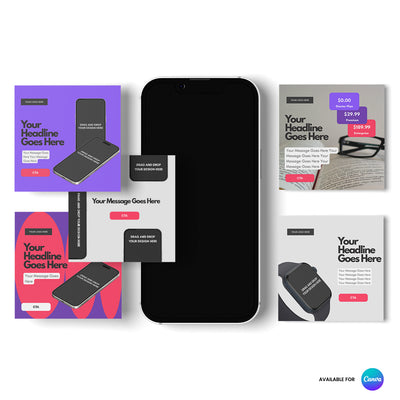 A black smartphone is centered on a white surface, surrounded by five startup ad graphics showcasing Single Image Paid Ad Templates for Social Media Forma 10 Collection, Canva Format by The Brand Store by More By Us. Canva logo appears bottom right.