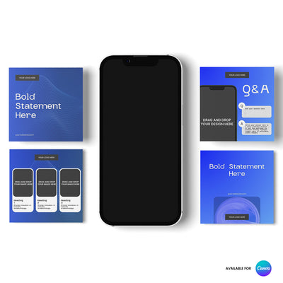 A smartphone is centered among five blue social cards from The Brand Store by More By Us’s Clean Tech Social Media Templates Forma 30 Collection, editable in Canva for startups and sustainability brands. The Canva logo appears at the bottom right.