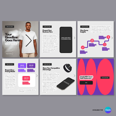 The Brand Store by More By Us presents the Forma 10 Collection: a six-slide editable Canva carousel template for Instagram LinkedIn, featuring modern business layouts, device mockups, headlines, pricing options, and CTA on a sleek gray background.