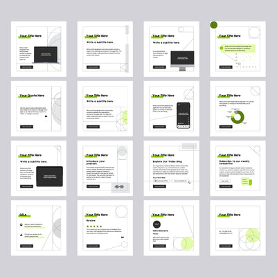 The Brand Store by More By Us offers the Canva Social Media Post Templates - Forma 20 Collection: 20 editable square designs for business and brand content, featuring minimalist layouts with text, icons, graphs, and geometric elements in white, black, grey, and green.