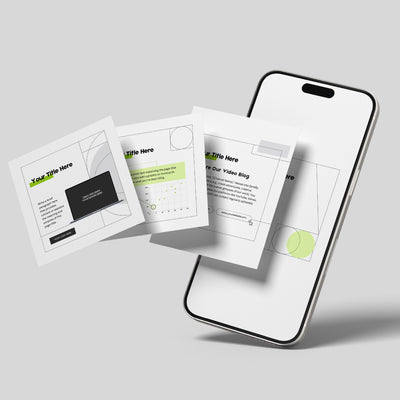 A smartphone on a light gray surface displays the Canva Social Media Post Templates - Forma 20 Collection by The Brand Store, with three floating, square, editable designs featuring text, graphs, and green highlights for business or brand content.