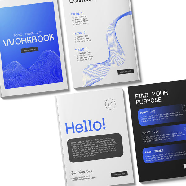 Four editable workbook cover designs from the Forma 30 Collection for Canva, shown on a white background with blue, black, and white wave graphics, labeled for themes, purposes, and coaching tools—ideal for guides and online courses.