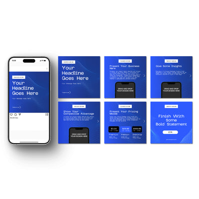 A smartphone displays six blue “Swipe Pitch Carousel Template - Bold Blue Edition for Canva” slides by The Brand Store by More By Us, featuring editable headlines, business info, insights, pricing, advantages, and bold statements.