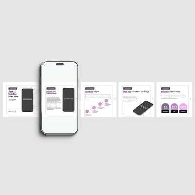 A smartphone appears before five Canva slides from The Brand Store by More By Us’ Editable Carousel Post Template Forma 20 Collection, each with text, icons, graphs, and phone images on light gray—perfect for engaging social media storytelling.