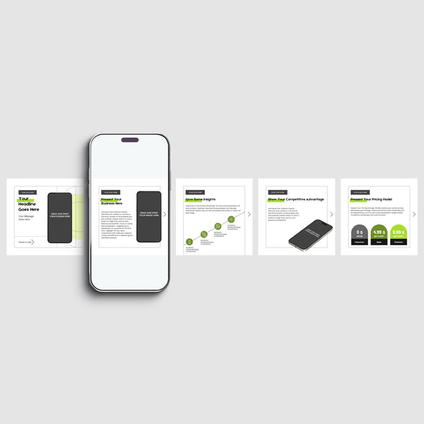 The Carousel Post Template for Canva - Forma 20 Collection displays a smartphone above four green, black, and white slides with charts and text blocks, ideal for Instagram or LinkedIn. The light gray background offers clean, professional storytelling.