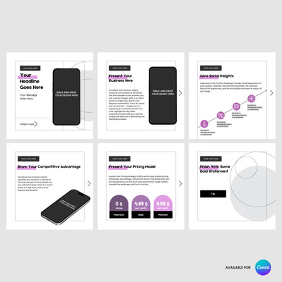 The Brand Store by More By Us offers the Editable Carousel Post Template for Canva - Forma 20 Collection: six mobile-friendly slides with headline, text, smartphone images, pricing, flow chart, and highlight areas. Canva logo in the corner.