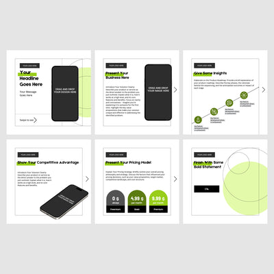 The Brand Store by More By Us presents the Carousel Post Template for Canva - Forma 20 Collection: editable Instagram LinkedIn slides featuring six steps, smartphone graphics, icons, a pricing chart, CTAs—perfect for green, black white social posts.
