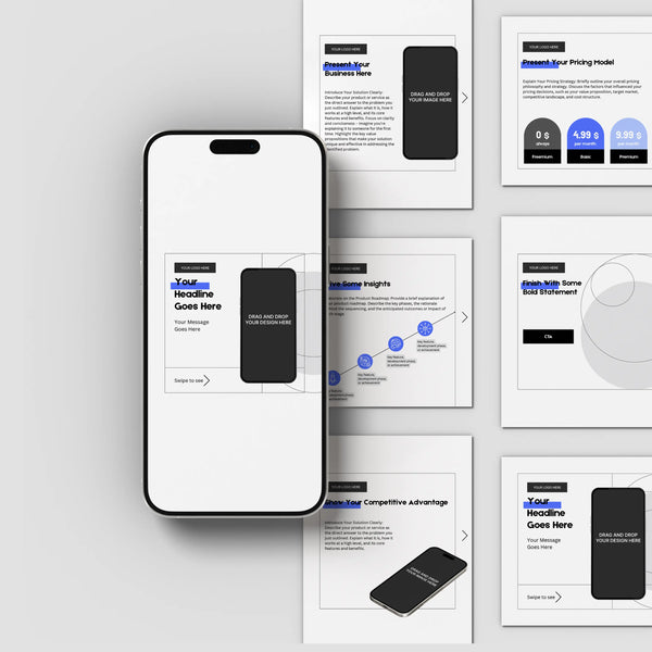 The Carousel Template for Canva (Forma 20 Collection) is shown on a smartphone over six printed Instagram slides—editable, clean, and minimalist—ideal for SaaS product demos and startup marketing, featuring blue-accented graphs and text blocks.
