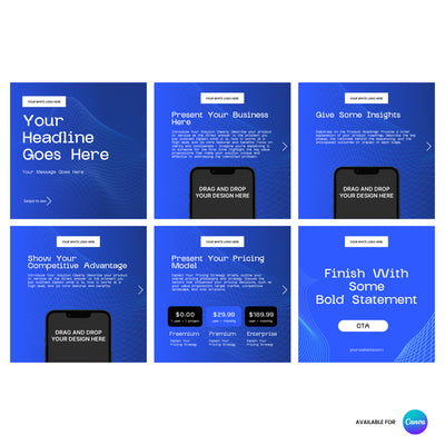 The Swipe Pitch Carousel Template - Bold Blue Edition for Canva by The Brand Store by More By Us features six editable slides with blue gradients, headline/text/image placeholders, a pricing table, CTA button, and Canva logo—ideal for SaaS startup presentations.