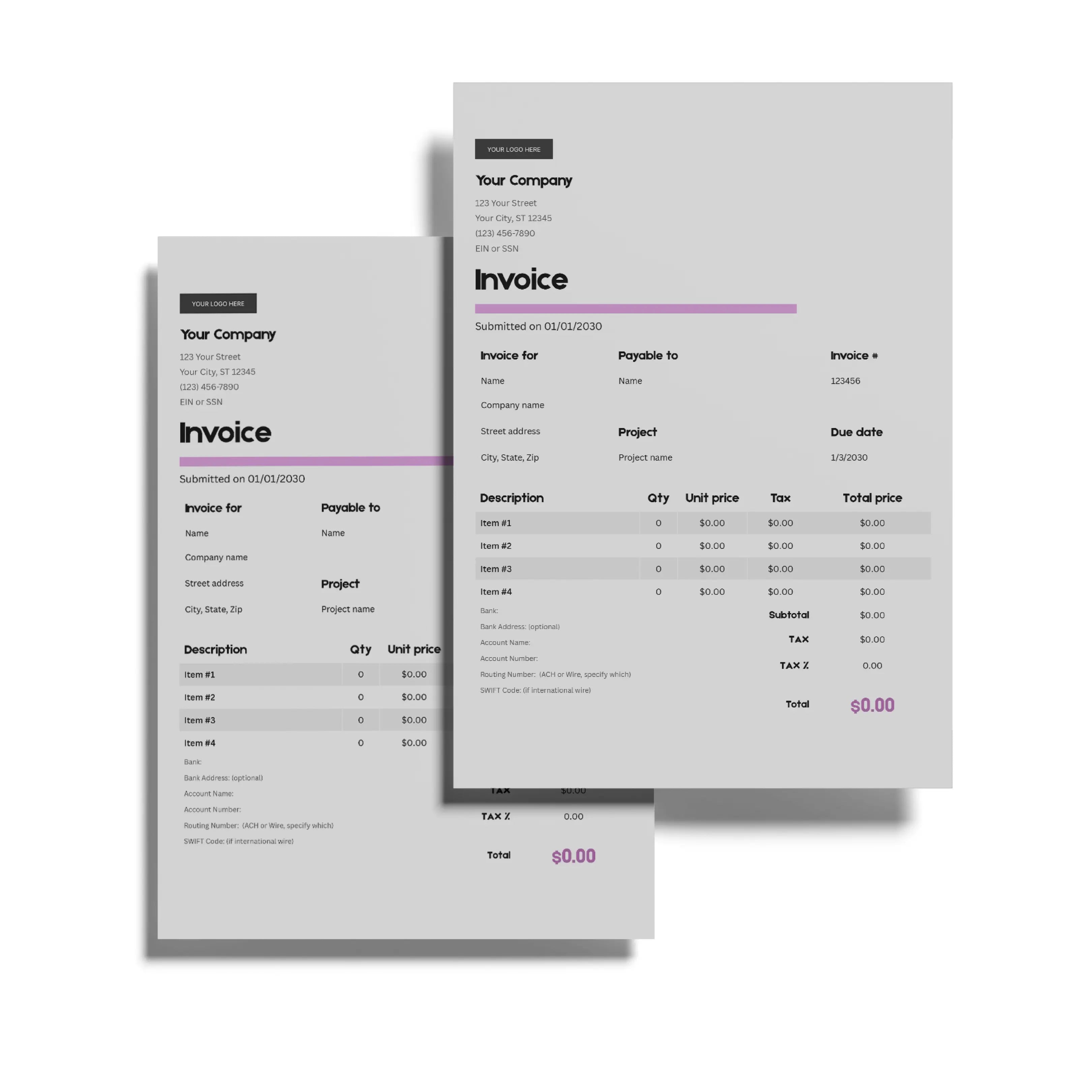 The Minimalist Invoice Template (EU & US Formats) – Canva Editable, Forma 20 Style features two overlapping invoices with a gray background and purple accents, showing company info, itemized bills, and a $0.00 total at the bottom right.