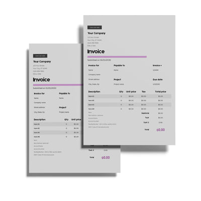 The Minimalist Invoice Template EU US Formats – Canva Editable, Forma 20 Style by More By Us | The Brand Store features two overlapping minimal invoices with gray backgrounds, black and purple text, itemized lists, totals at 0.00, and generic company details.