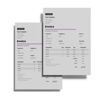 The Minimalist Invoice Template (EU & US Formats) – Canva Editable, Forma 20 Style features two overlapping invoices with a gray background and purple accents, showing company info, itemized bills, and a $0.00 total at the bottom right.