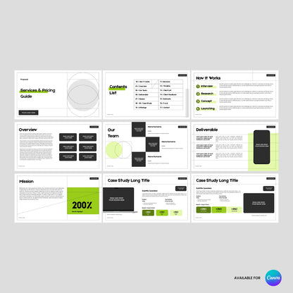 The Modern Services Proposal Template | Canva Editable, Forma 20 Edition offers eight slides—contents, how it works, overview, team, deliverables, mission, and two case studies—with a green, black, and white layout. Perfect for professional business proposals in Canva.