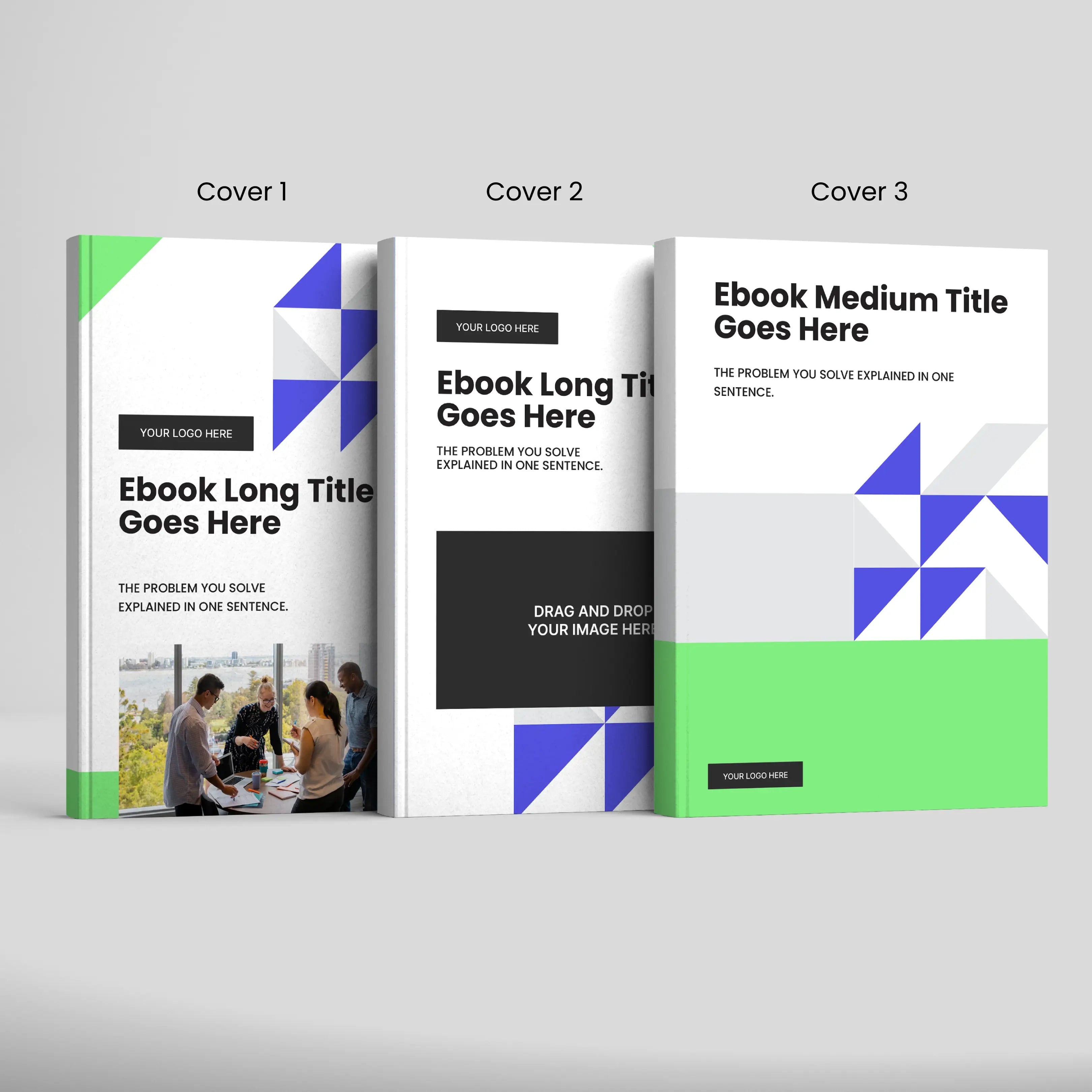 Three clean, editable Ebook Template for Canva covers from the Forma 40 Collection are shown side by side on a gray background, each with geometric shapes, sample text, and layouts in green, blue, and purple—ideal for guides or lead magnets.
