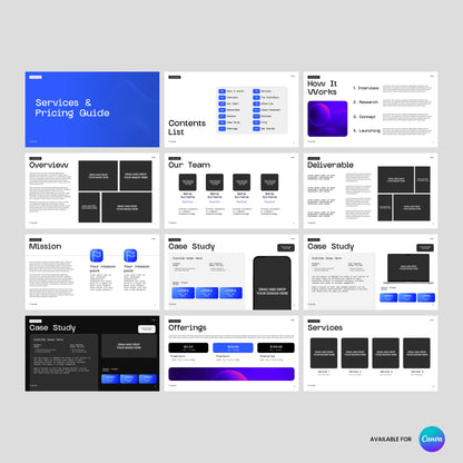 The Bold Blue Proposal & Pricing Template - Canva Editable | Forma 30 features 12 client presentation slides on a gray background, with sections like Services & Pricing Guide, How It Works, and Case Study, plus an editable Canva proposal template logo.