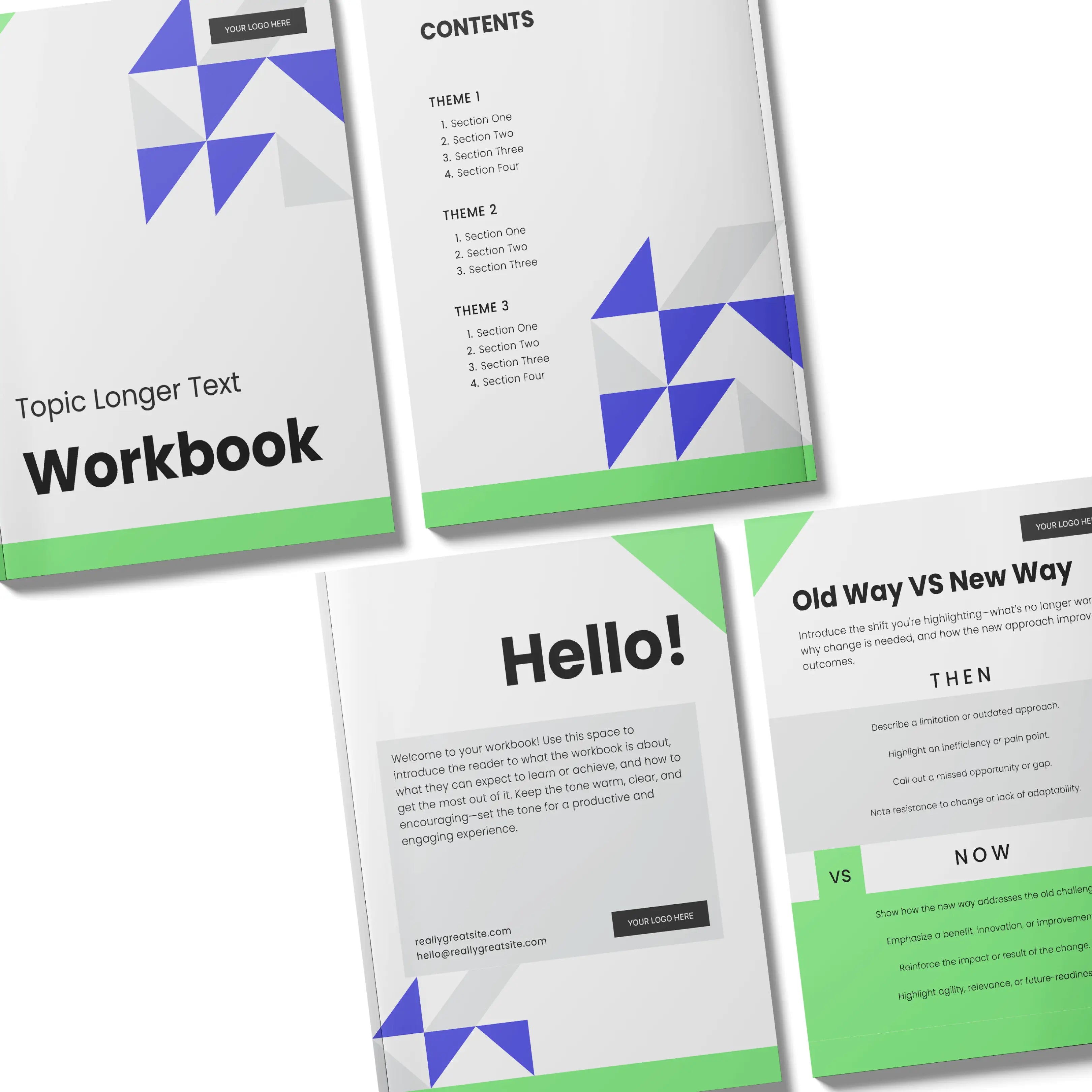The Workbook Template for Canva - Forma 40 Edition features four pages with geometric blue and green designs, editable text like “Workbook,” “Contents,” and sample sections—perfect as a lead magnet. Structured, professional & fully editable in Canva.