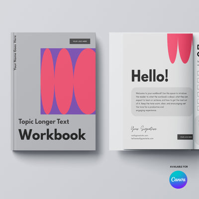 The Brand Store by More By Us offers the Vibrant Gradient Workbook Template for Canva Forma 10 Collection—an editable guide or planner with a gray cover, bold pink-purple shapes, welcome page, signature space, and Canva logo. Perfect for digital workbooks.