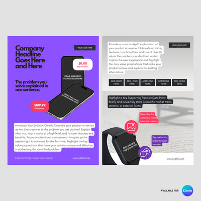 Showcase your business with the Startup One-Pager Template from The Brand Store by More By Us. Editable in Canva, it features purple and gray sections, device images, text boxes for headlines, pricing, descriptions logos—perfect for investors or client presentations.