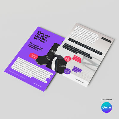 Two Startup One-Pager Template flyers from The Brand Store by More By Us are shown on a light gray surface—one with bold purple and black, the other white with magenta accents. Canva logo indicates they're fully editable in Canva for business use.