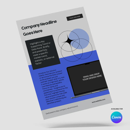 The One Pager Template for Canva – Forma 20 Collection features a geometric blue and black layout, editable headline/info sections, a drag-and-drop design area, and includes a website URL at the bottom—ideal for startup sales and investor handouts.