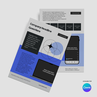 The Forma 20 One Pager Template for Canva by More By Us features blue, black, and white sections—perfect for startup presentations. Includes placeholders, circular graphics, image areas, spots for logo and headline, plus a Canva logo in the corner.