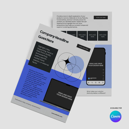 The One Pager Template for Canva – Forma 20 Collection is an editable startup sheet with blue and gray accents, sample text, placeholder images, overlapping circles graphic, and space for your logo—perfect for showcasing product features or investor handouts.