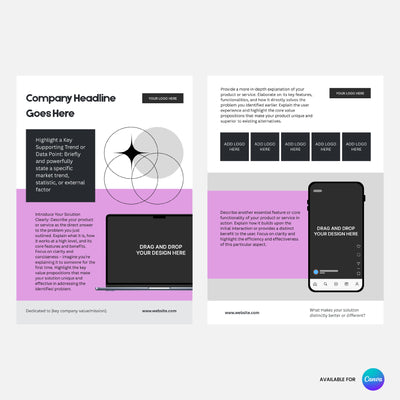 The Brand Store by More By Us presents the Modern One-Pager Template for Canva Forma 20 Collection: an editable business overview and service sheet with bold purple, black, and white sections, text blocks, graphics, logos, and device mockups.