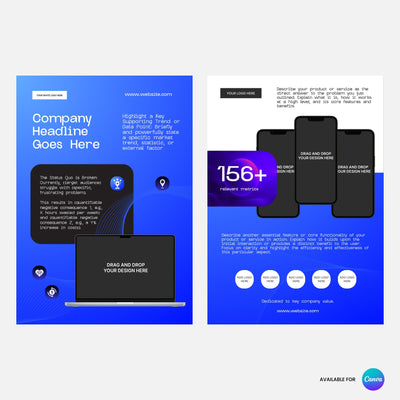 Gradient Pulse One-Pager Template for Canva - Forma 30 by The Brand Store by More By Us: two blue business flyer templates with editable sections for images, logos, headlines, icons, website contact info—ideal for SaaS startups and AI products.