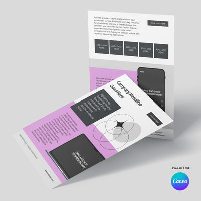 The Brand Store by More By Us presents the Modern One-Pager Template for Canva Forma 20 Collection—an editable business overview and service sheet with a purple gradient, logo areas, sample text boxes, device image placeholders, and a Canva logo.