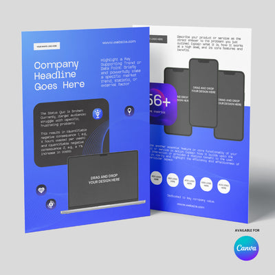 The Gradient Pulse One-Pager Template for Canva from The Brand Store by More By Us features two blue-and-white flyers: one with a laptop graphic for SaaS or AI, and another with four phone mockups—ideal for tech startups. Canva logo is in the bottom right.