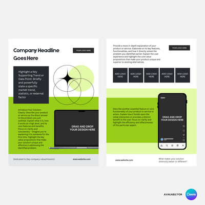 The Brand Store by More By Us offers the Product Overview One-Pager Template—an editable Canva design with green, black, and white sections, text boxes, graphics, logo spots, and device illustrations. Perfect for business or service highlights.