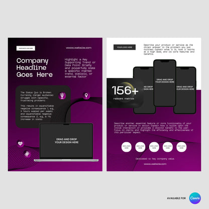 The One Pager Template for Canva from the Forma 30 Collection is perfect for tech startups—featuring editable two-page layouts with black and purple gradients, text sections, a laptop graphic, and three overlapping smartphones to showcase services.